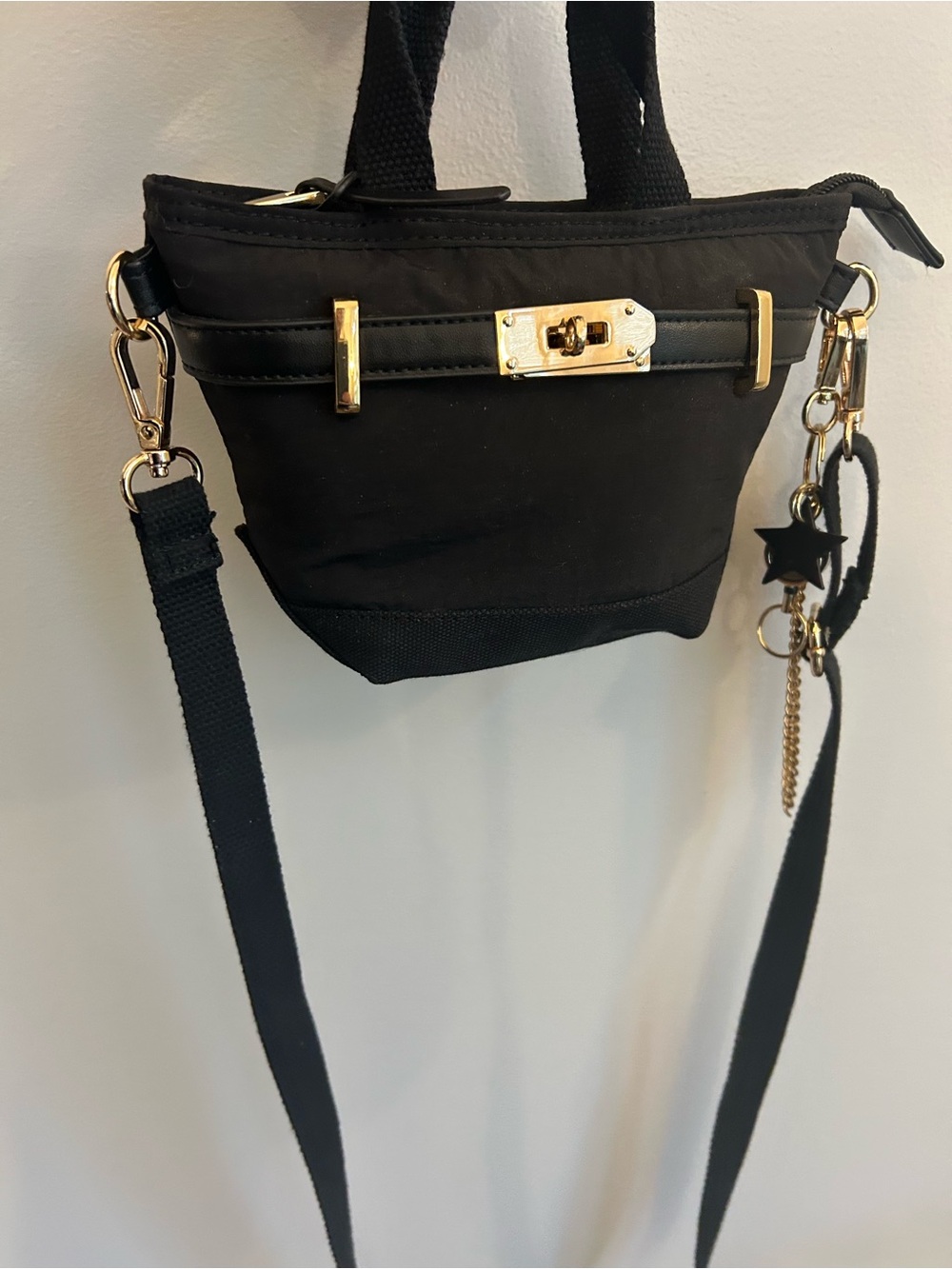 Nylon Canvas Mini Crossbody Black Gold Elegant Handbag Charms